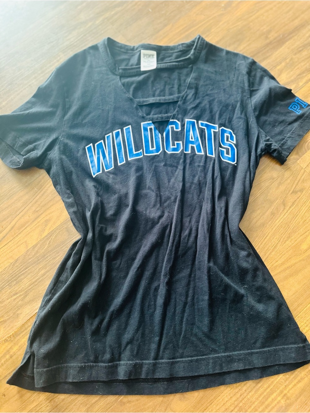 PINK Victoria's Secret Black Short Sleeve Tee with Blue WILDCATS Logo
